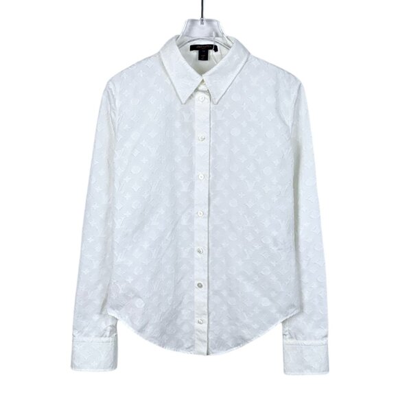 Louis Vuitton Womens White Monogram Embossed Cotton Button-Up Shirt Size 34 - Picture 1 of 7